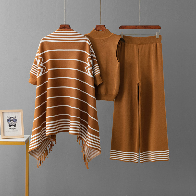 Striped Collar Women Sweater With Pants Three-Piece Set Knitted Tassel Shawl Ropa De Mujer Roupas Femininas Da Moda