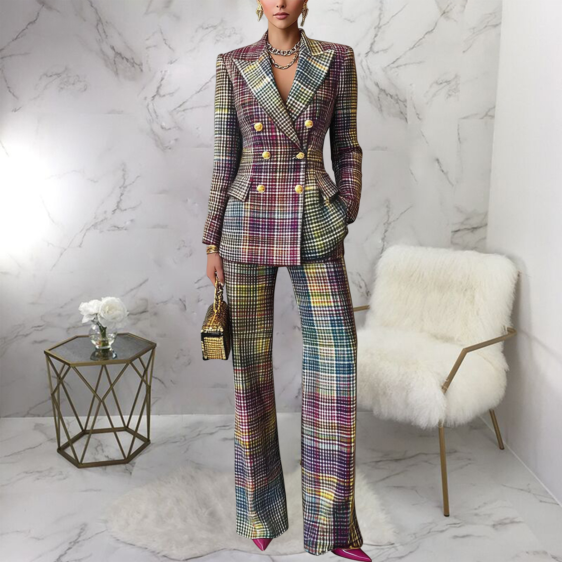 2026 New Arrival Women's Business Elegant Plaid &amp; Houndstooth Office Two-Piece Suits Set