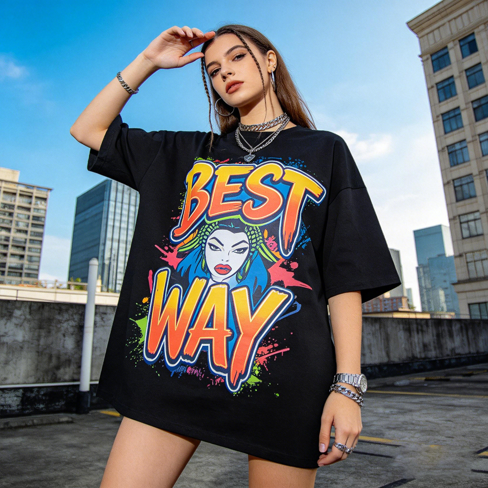 Fashion Custom Design Women's Streetwear Loose Logo Heat Transfer Printed 100% Cotton Eco-Friendly Black Short Sleeve O-Neck