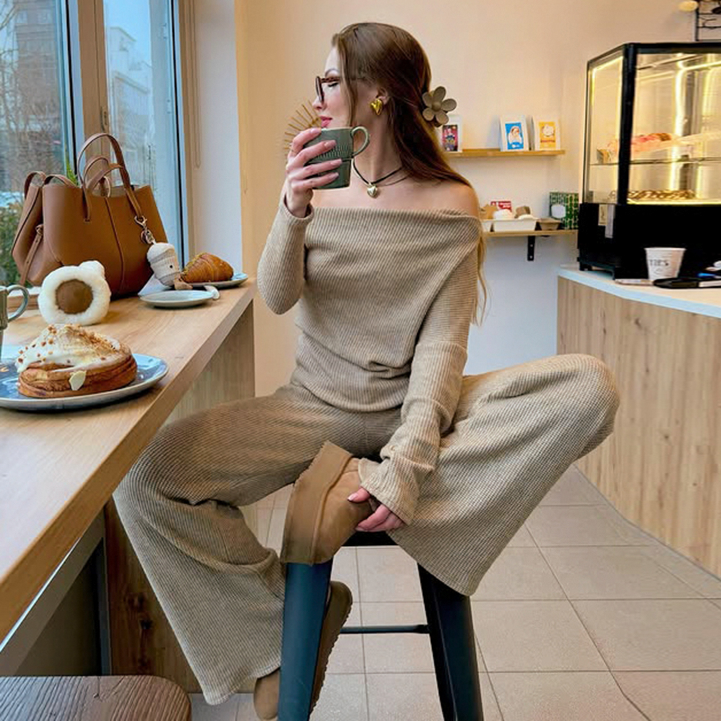 Women's Casual Solid Color Knitting Spandex/Polyester Loungewear Two-Piece Set Shoulder Top Wide Leg Pants Breathable