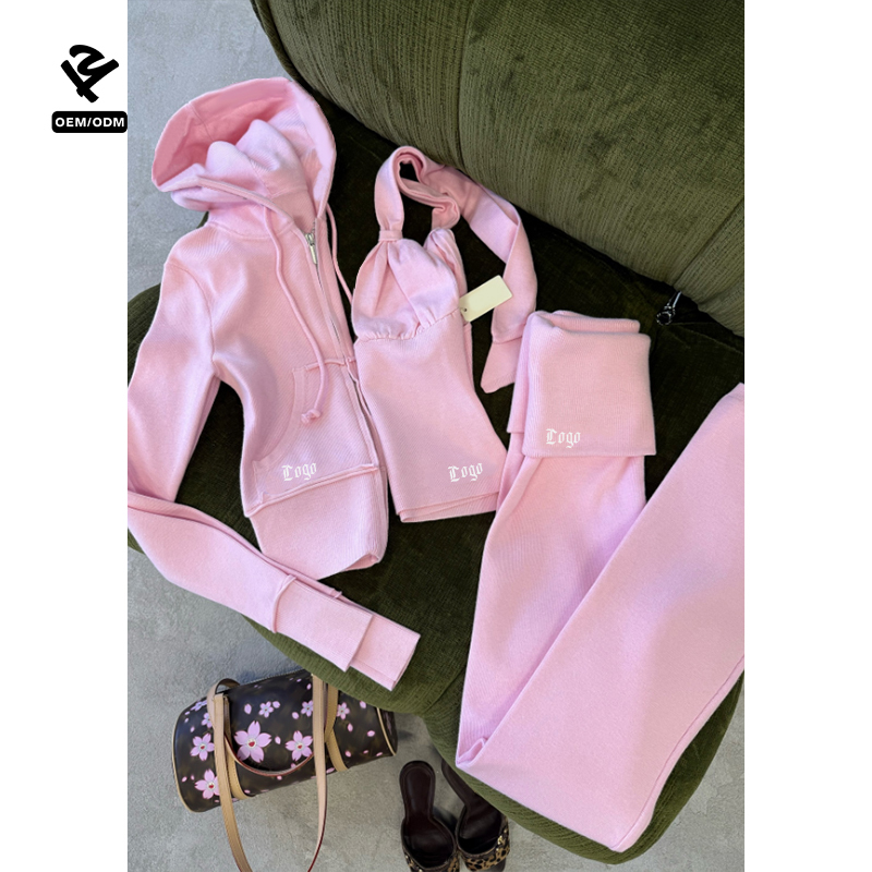 F5650 Custom Slim Fit Two Piece Set Women Clothing Crop Top Tracksuit Loungewear Set High Quality Zip up Hoodie Jacket Pants Set