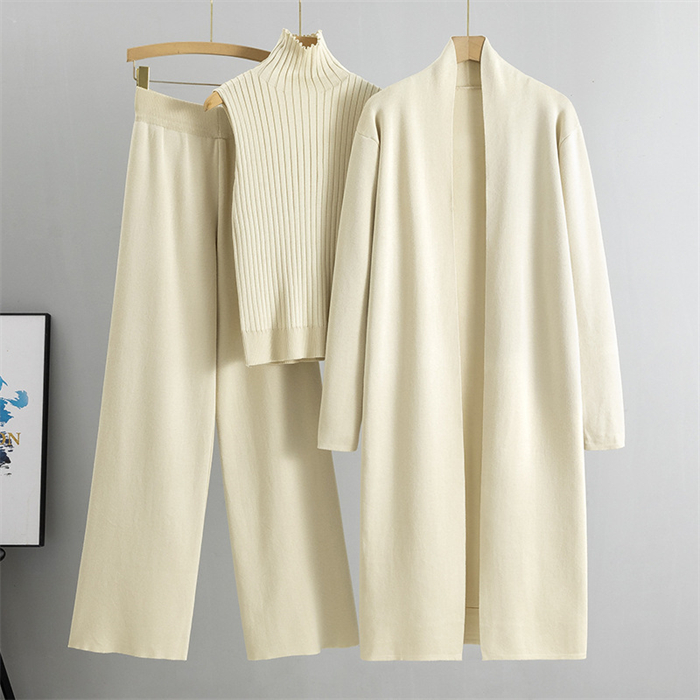 Autumn New Elegant Simple Women'S Knitted Set Sleeveless Tank Top Long Sweater Cardigan Pants Three Piece Sets