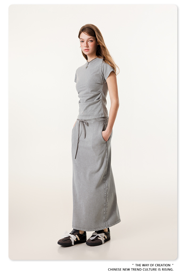 Custom logo Acid Cotton Elegant High-End Women's Summer Straight Skirt Set Heavy Industry Webbing Loose Tshirt