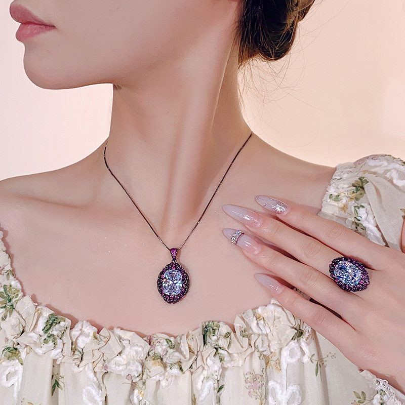 Fashion Eco-friendly Copper Hypoallergenic Non Tarnish Waterproof Jewelry Sets 12*16mm Black Gray Zircon Pendant Earrings Set