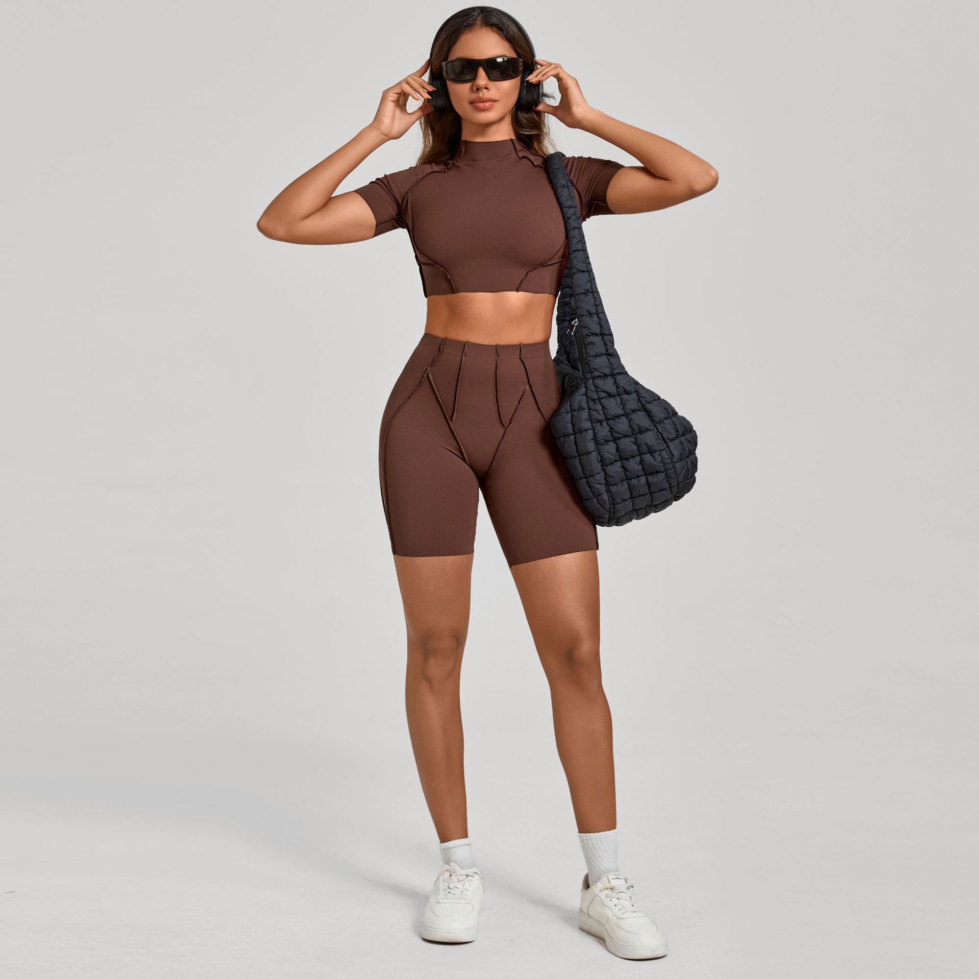 Custom Logo Hot Sale Yoga Clothing 3D-Panel Yoga Set Quick-Dry Fitted Short-Sleeve Top Biker Shorts Fitness Running Set