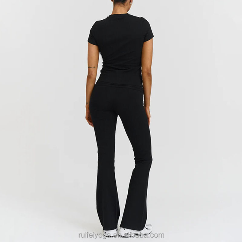 Custom Logo Short Sleeves Slim Fit Gym Tee Cotton T-Shirts Wide Leg Fold-over Yoga Pants Flared Leggings 2 Pieces Women Yoga Set