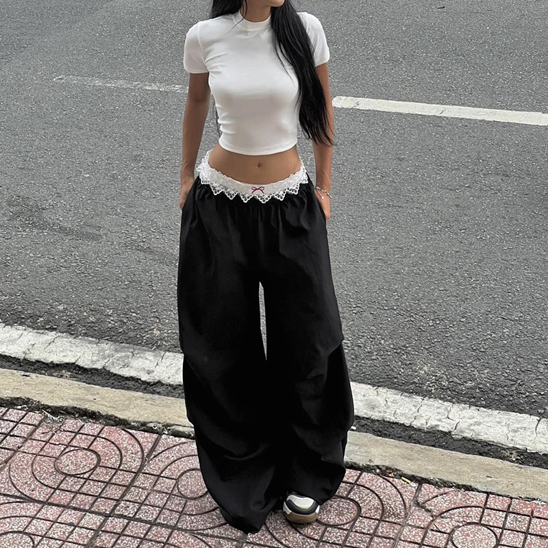 Women's Street-style Sweet Spicy Workwear Pocket Lace Bow Patchwork Woven Pants Dark Loose Slimming Casual Long Pants
