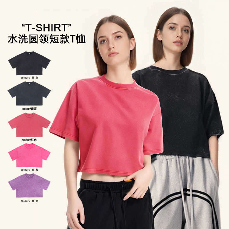 Custom logo Acid Wash Vintage Cut Cotton T-shirt Crop Top Hot Sexy Girl Women's T-shirts Tee Cropped T-shirt Women Streetwear