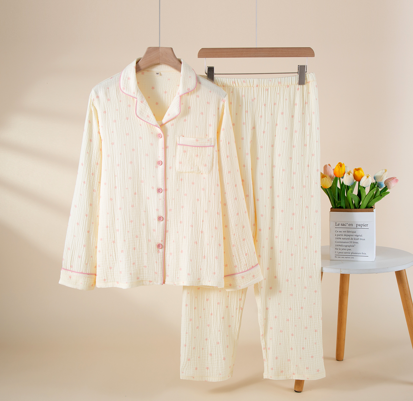 Skin-Friendly Breathable Star-Printed 100% Cotton Crepe Fabric Collar Country-Style Women's Pajamas