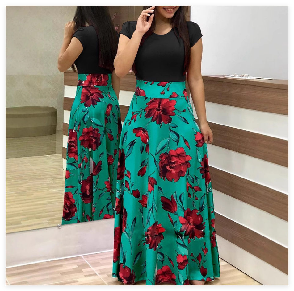 Floral Print Maxi Dress Women Short Sleeve O-Neck Chiffon Patchwork Long Gown Plus Size Bohemian Beach Party Summer Sundress