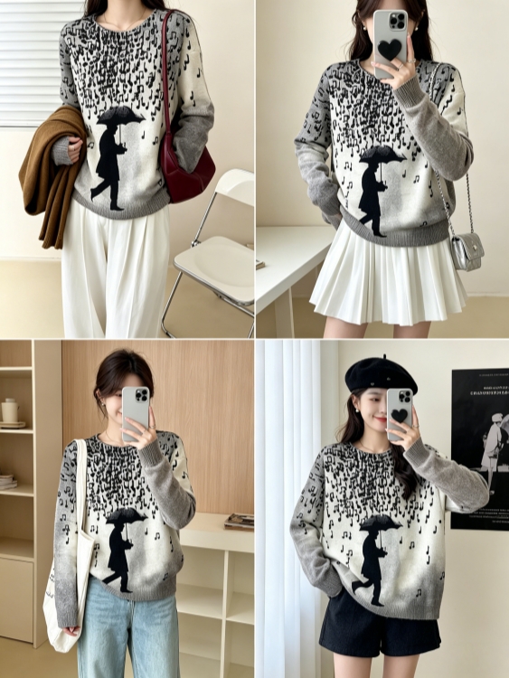 Women's Vintage Gray Umbrella Man Music Note Print Knit Sweater Casual Crewneck Oversized Long Sleeve All Match Knitwear