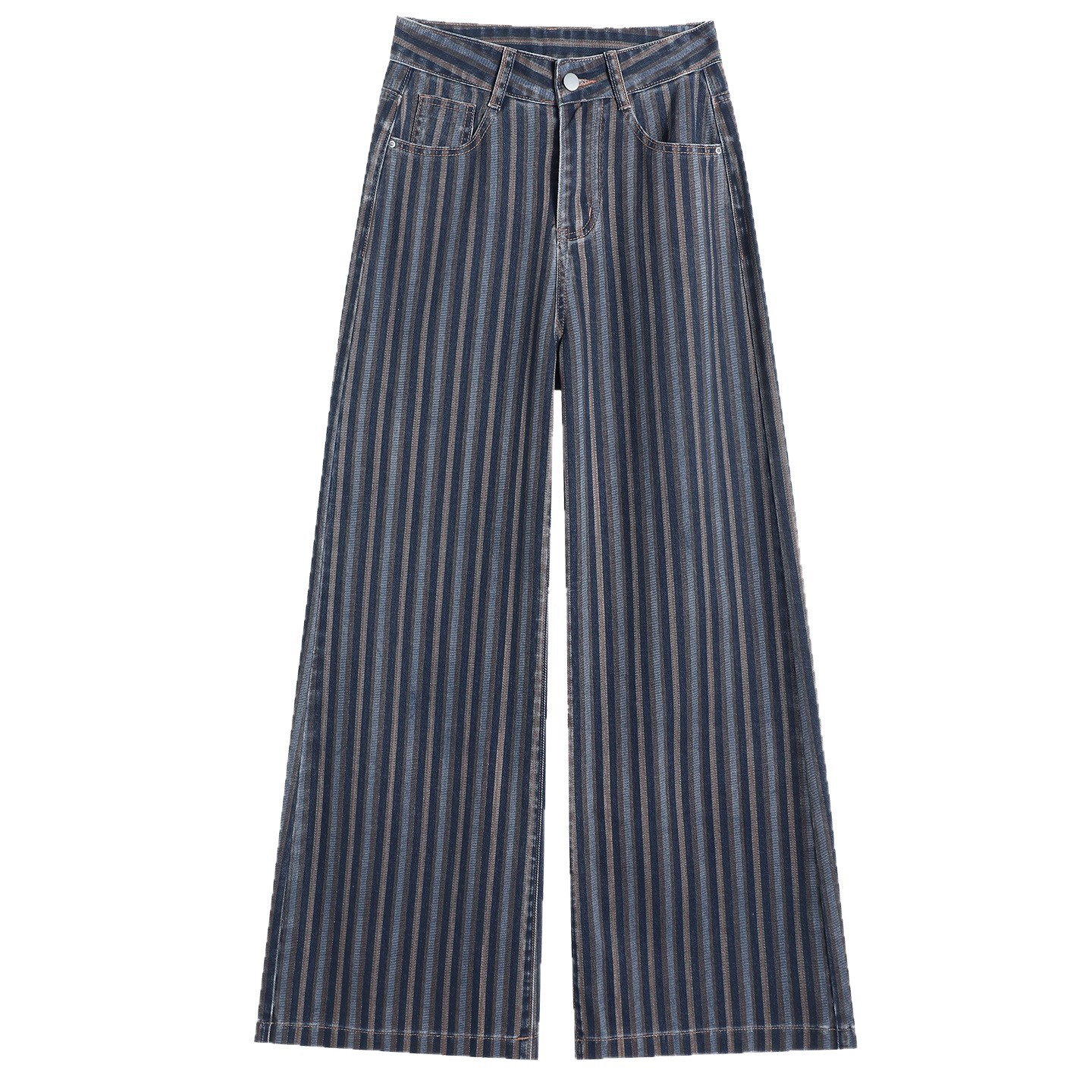 Spring Autumn Women's Design - Sense Niche Black Vertical Stripe High - Waist Loose Wide - Leg Denim Jeans