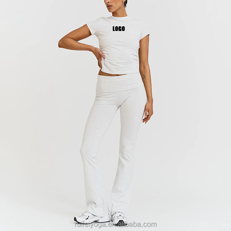 Custom Logo Short Sleeves Slim Fit Gym Tee Cotton T-Shirts Wide Leg Fold-over Yoga Pants Flared Leggings 2 Pieces Women Yoga Set