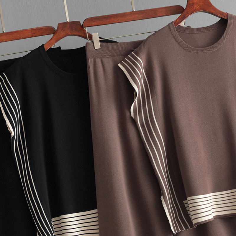 Women's Two-Piece Set Striped Knitted Pullover Sweater Loose Pants for Summer Fashionable Ropa De Mujer Roupas Femininas Da Moda