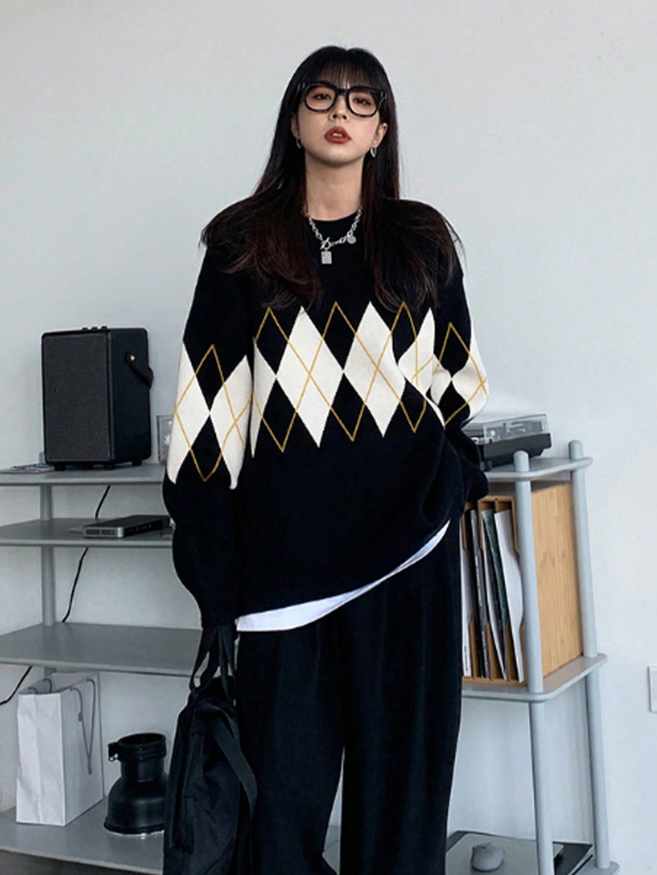Women'S Oversized Cool Sweater Y2K Casual Long Sleeve Pullover Argyle Pattern Drop Shoulder Knitwear Top