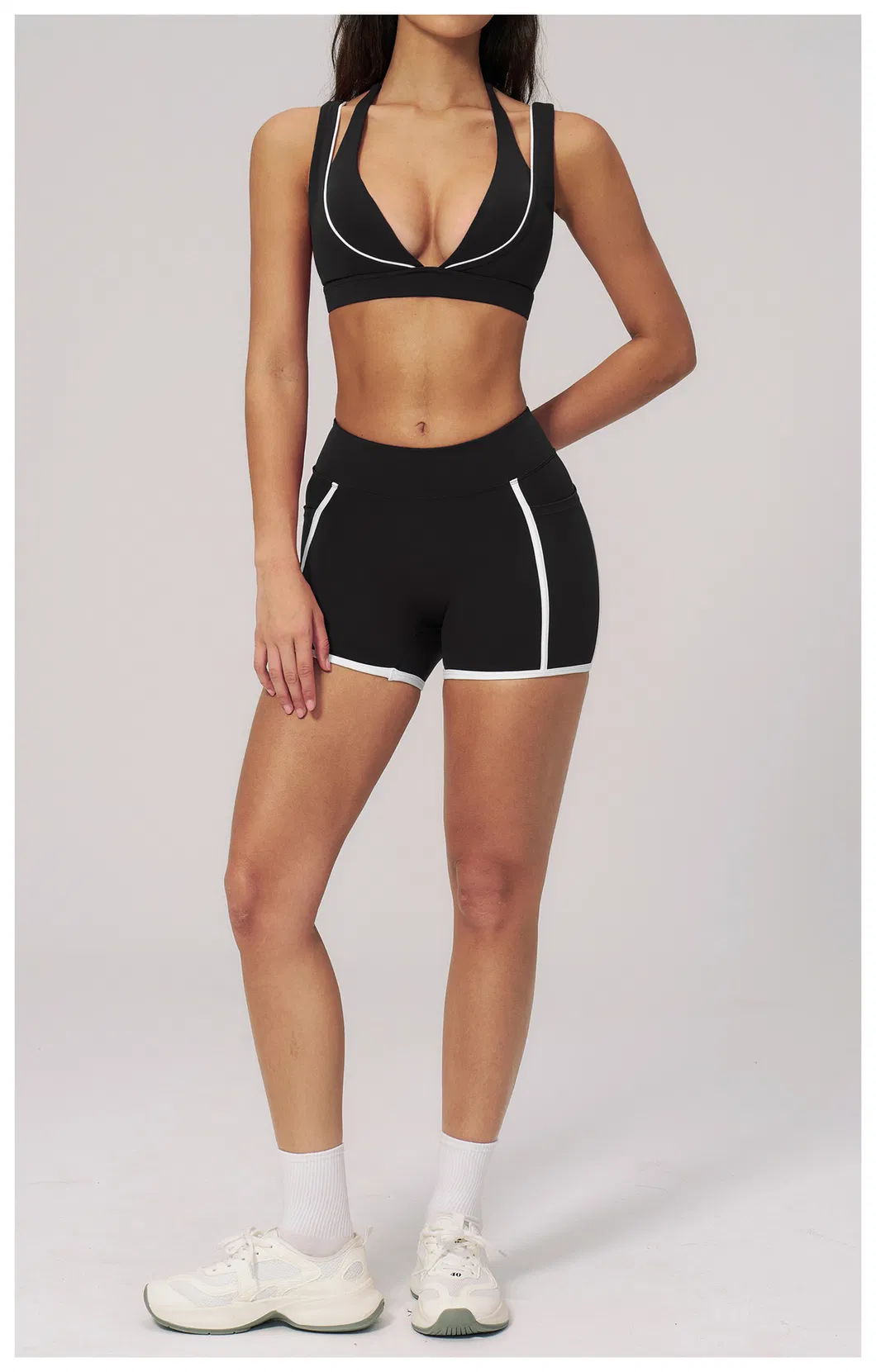 Womens Casual Fashionable Active 2 Piece Fitness Clothing with Deep V Neck Layered Sports Yoga Bra High Waist Gym Running Mini Shorts