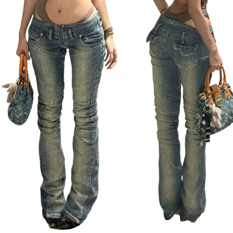 Y2K Blue Wash Low Waist Skinny Jeans Breathable Eco-Friendly Windproof Vintage Patchwork Distressed Woven Denim Women's Autumn