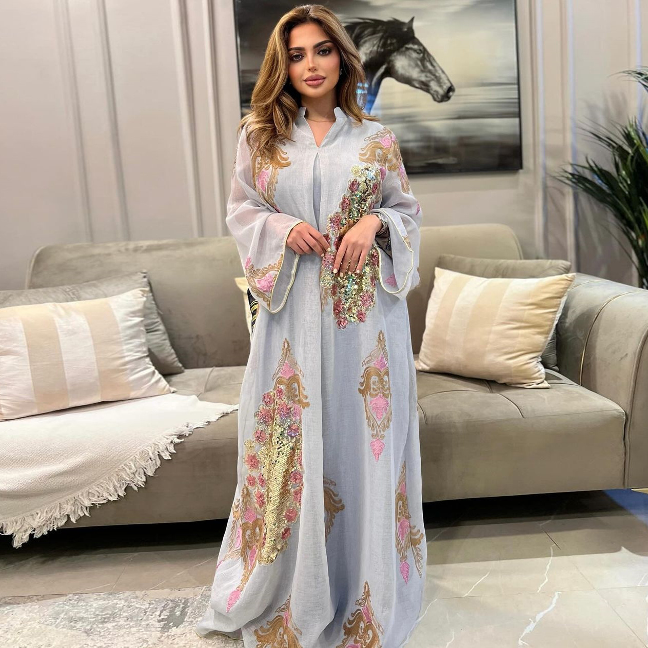 Hot Selling Linned Woman Borka Muslim Dress Arabic Malaysian Muslim Women's Robe Dress