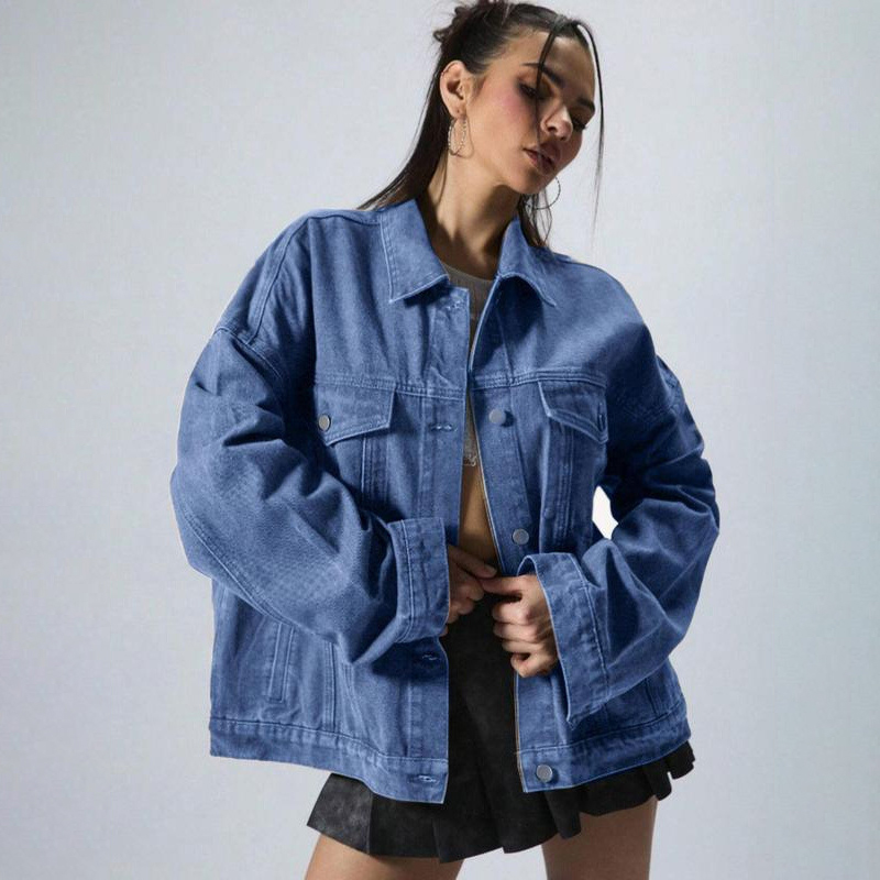 Women's Plain Button Front Drop Shoulder Denim Coat Casual Long Sleeve Collared Pocket Outerwear for Daily Wear Ladies Clothes