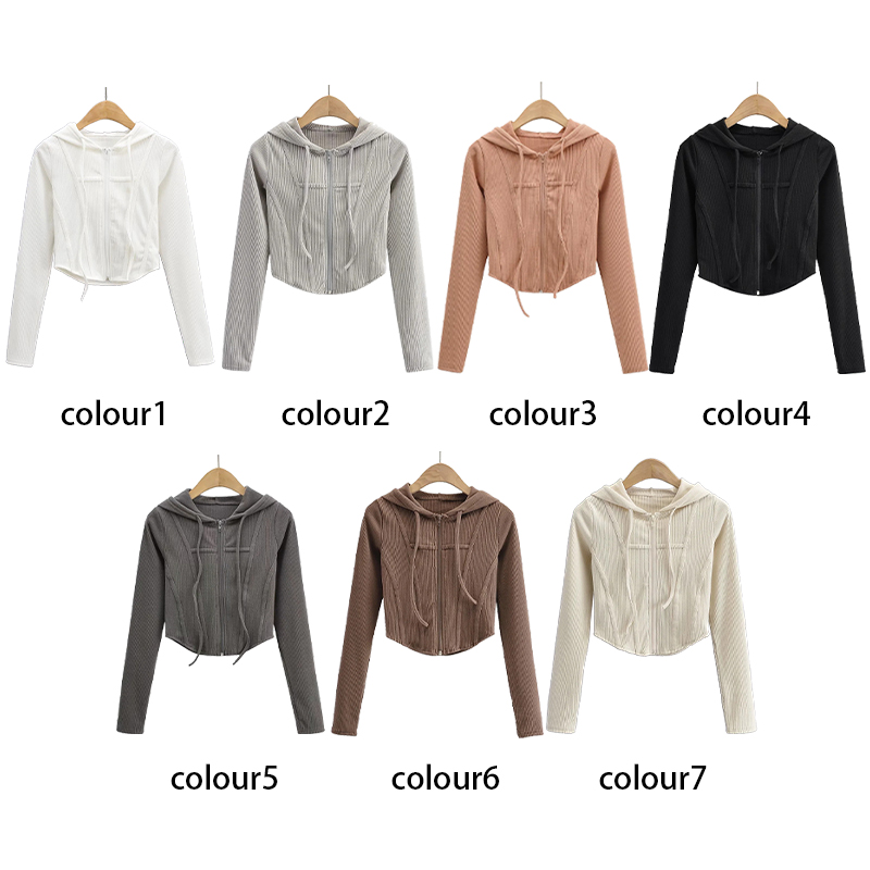 Fashion Short Style Hoodie New Long Sleeve Custom Embroidered logo Umbilical Cord Zipper-up Fish Bone Street Style Women Hoodie