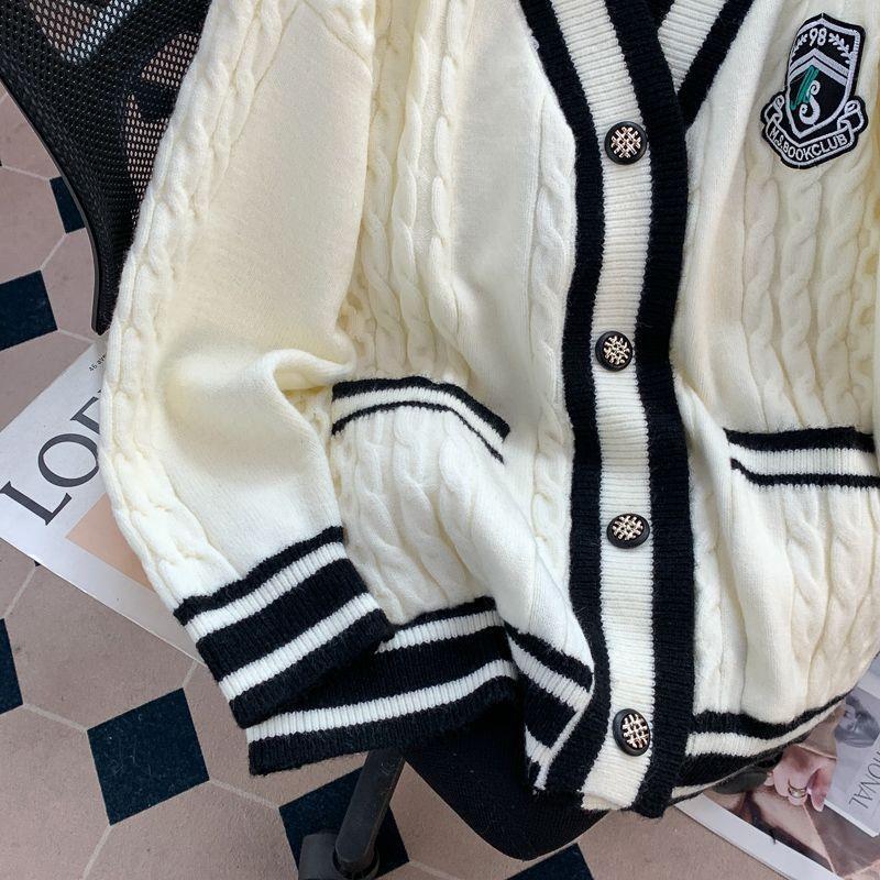 College Style V-neck Cardigan Sweater Jacket, New Women's Autumn and Winter Outfit, Loose and Lazy Outerwear