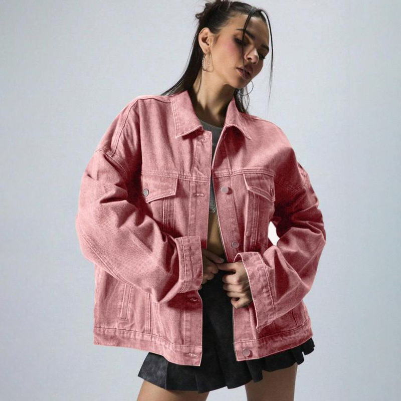 Women's Plain Button Front Drop Shoulder Denim Coat Casual Long Sleeve Collared Pocket Outerwear for Daily Wear Ladies Clothes