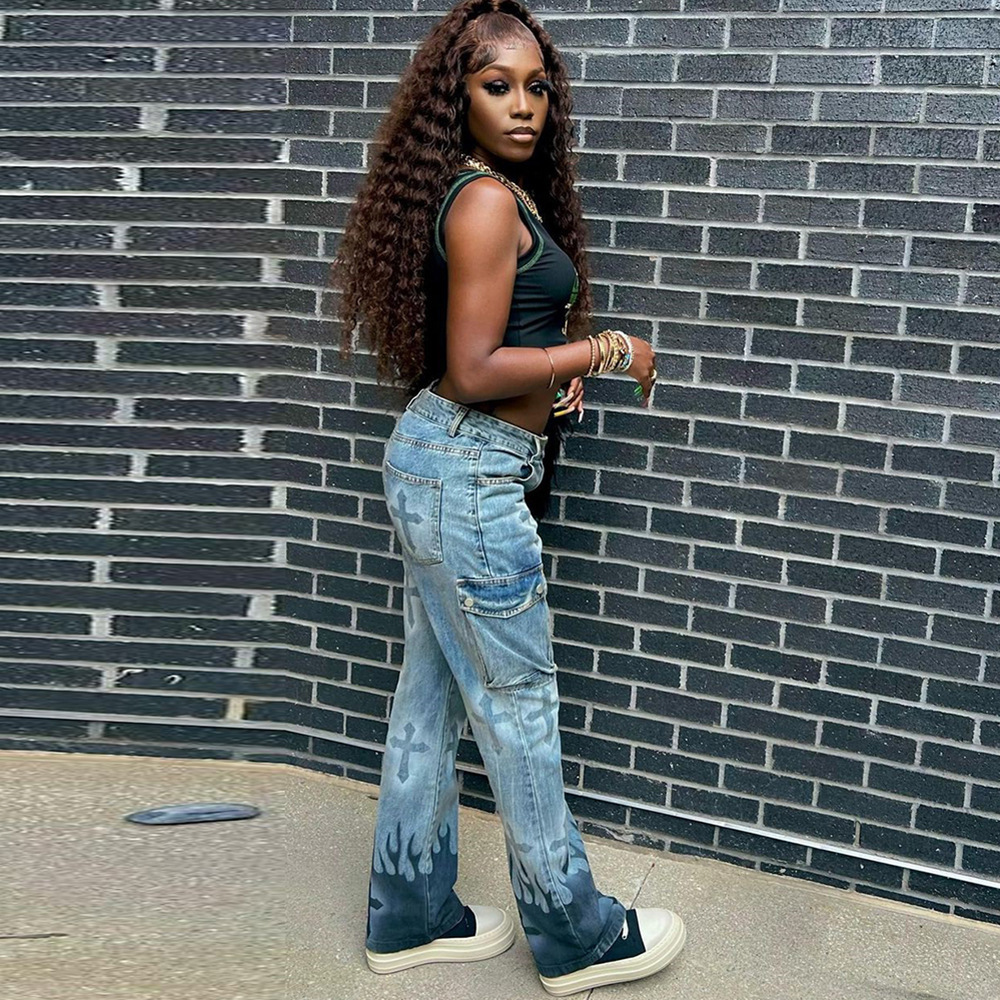 Women's Denim Jeans Cross-border Women's Clothing 2024 New Street Fashion Multi-pocket Pants