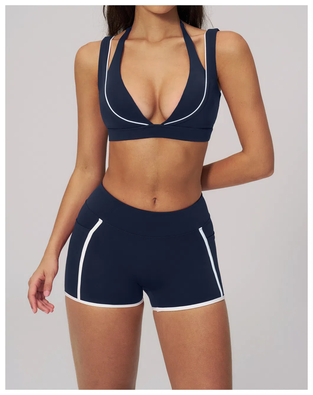 Womens Casual Fashionable Active 2 Piece Fitness Clothing with Deep V Neck Layered Sports Yoga Bra High Waist Gym Running Mini Shorts