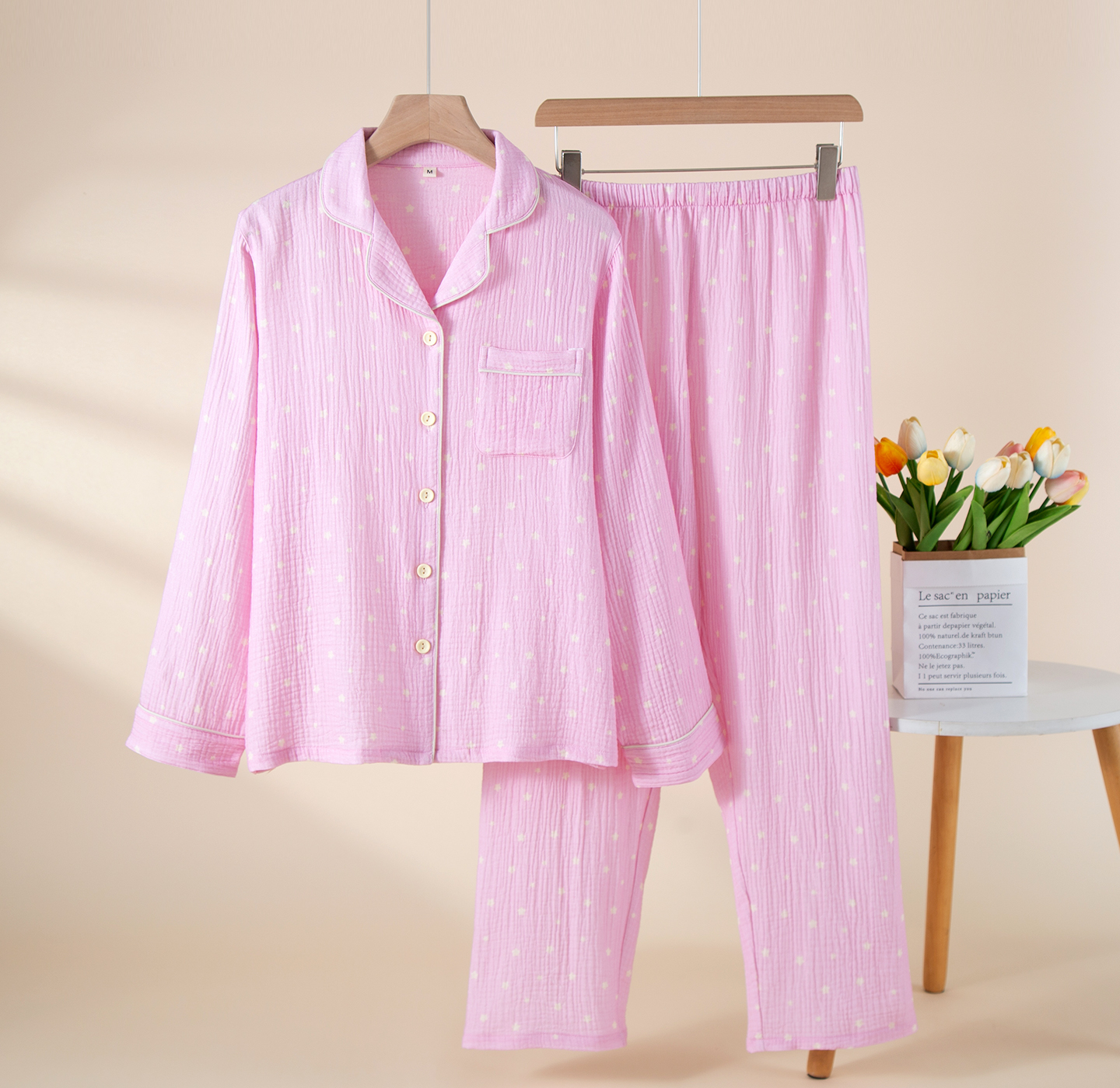 Skin-Friendly Breathable Star-Printed 100% Cotton Crepe Fabric Collar Country-Style Women's Pajamas