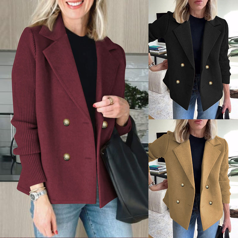 Women's Eco-friendly Knitted Thermal Long Double Breasted Button Woolen Coat Winter Lapel Office Chic Elegant Blazer Outerwear