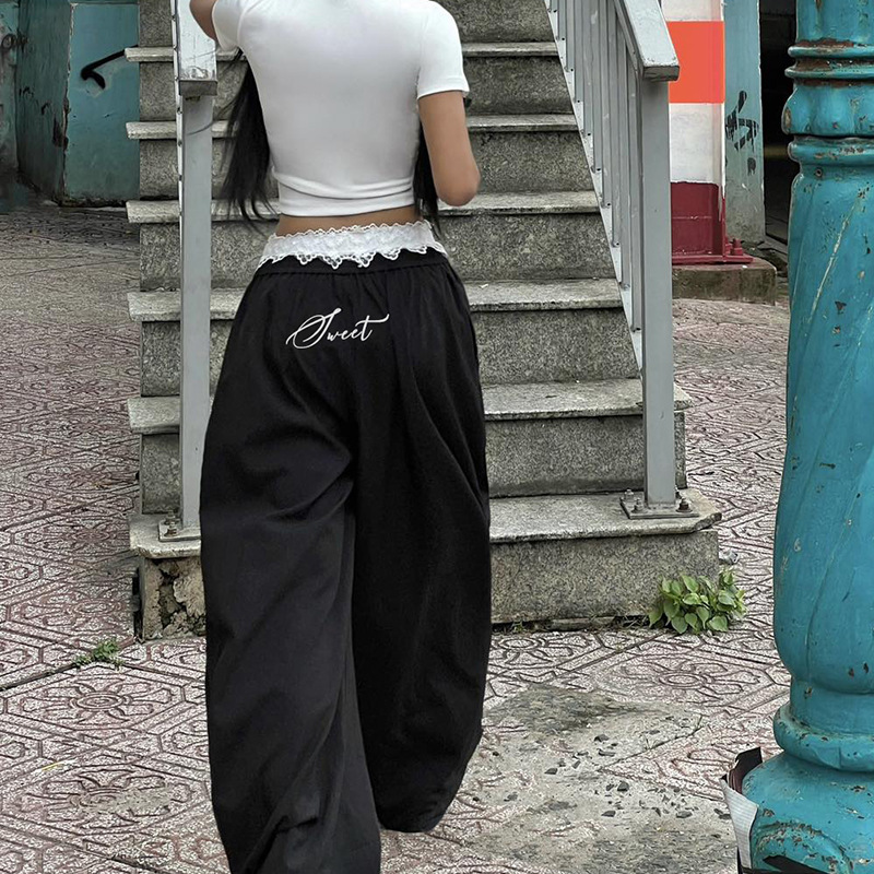 Women's Street-style Sweet Spicy Workwear Pocket Lace Bow Patchwork Woven Pants Dark Loose Slimming Casual Long Pants