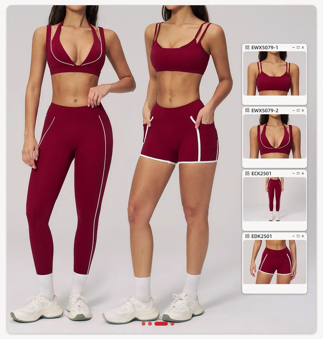 Womens Casual Fashionable Active 2 Piece Fitness Clothing with Deep V Neck Layered Sports Yoga Bra High Waist Gym Running Mini Shorts