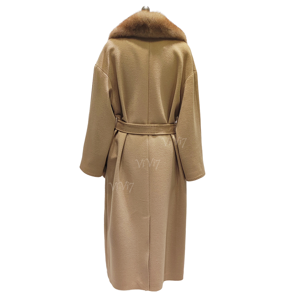 ViVi7 Luxury High End Premium Elegant 100% Wool Fabric Belted Waist Tie Waist Long Length Overcoat Women Wool Fox Fur Coat