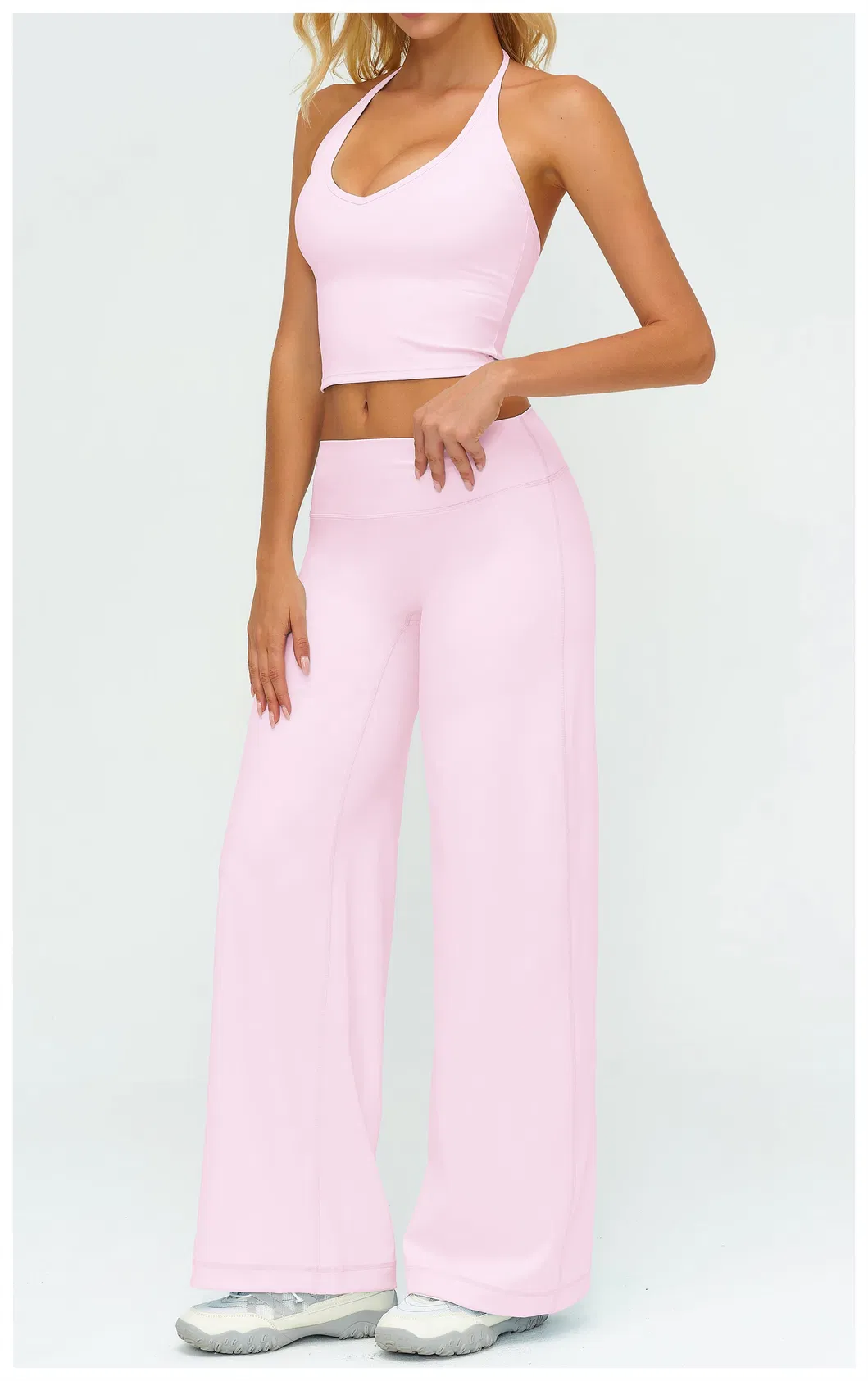 Elegant Resort Wear Yoga Set Halter Neck Top & Flowing Wide Leg Palazzo Pants, Naked Feel for Beach & Vacation