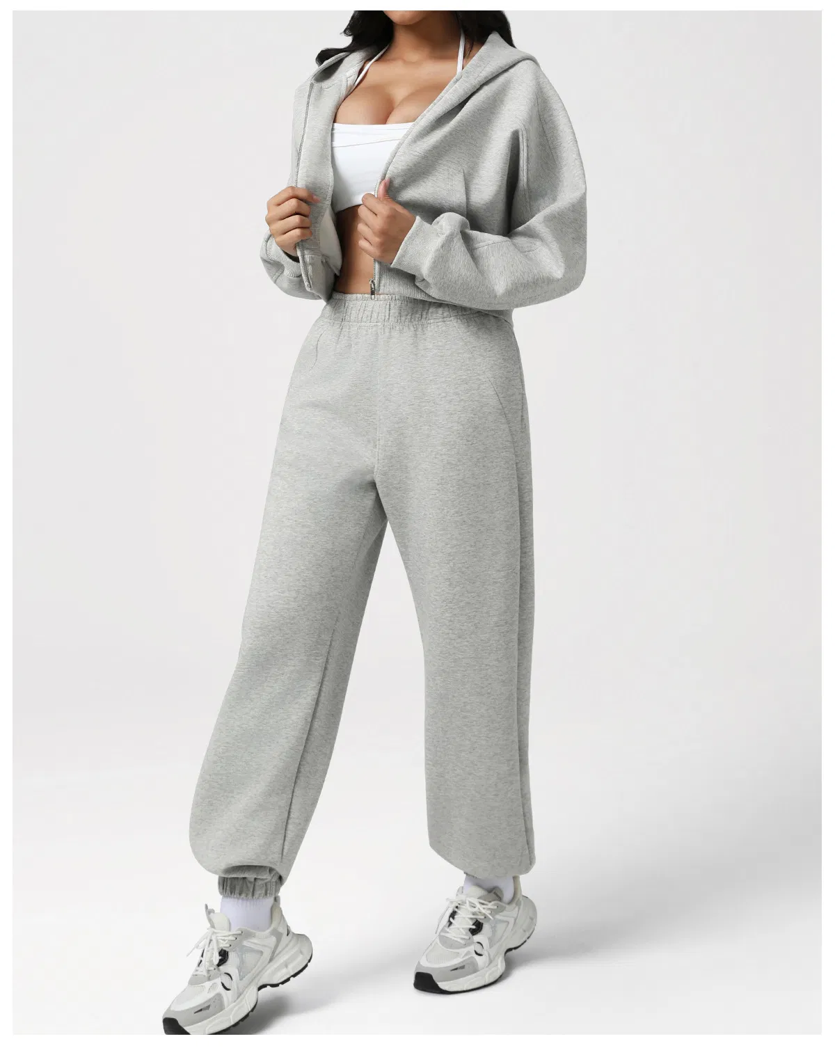 Women Autumn/Winter Thickened Hooded Zipper Jacket Casual Loose Sportswear Two-Piece Clothing Set