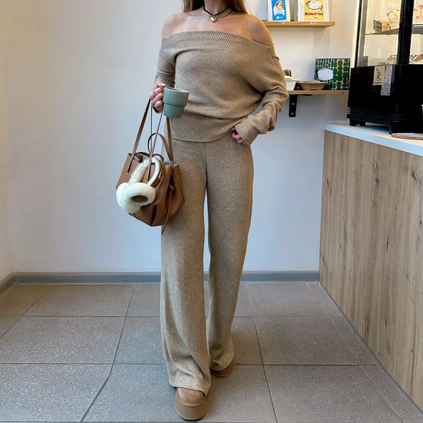 Women's Casual Solid Color Knitting Spandex/Polyester Loungewear Two-Piece Set Shoulder Top Wide Leg Pants Breathable