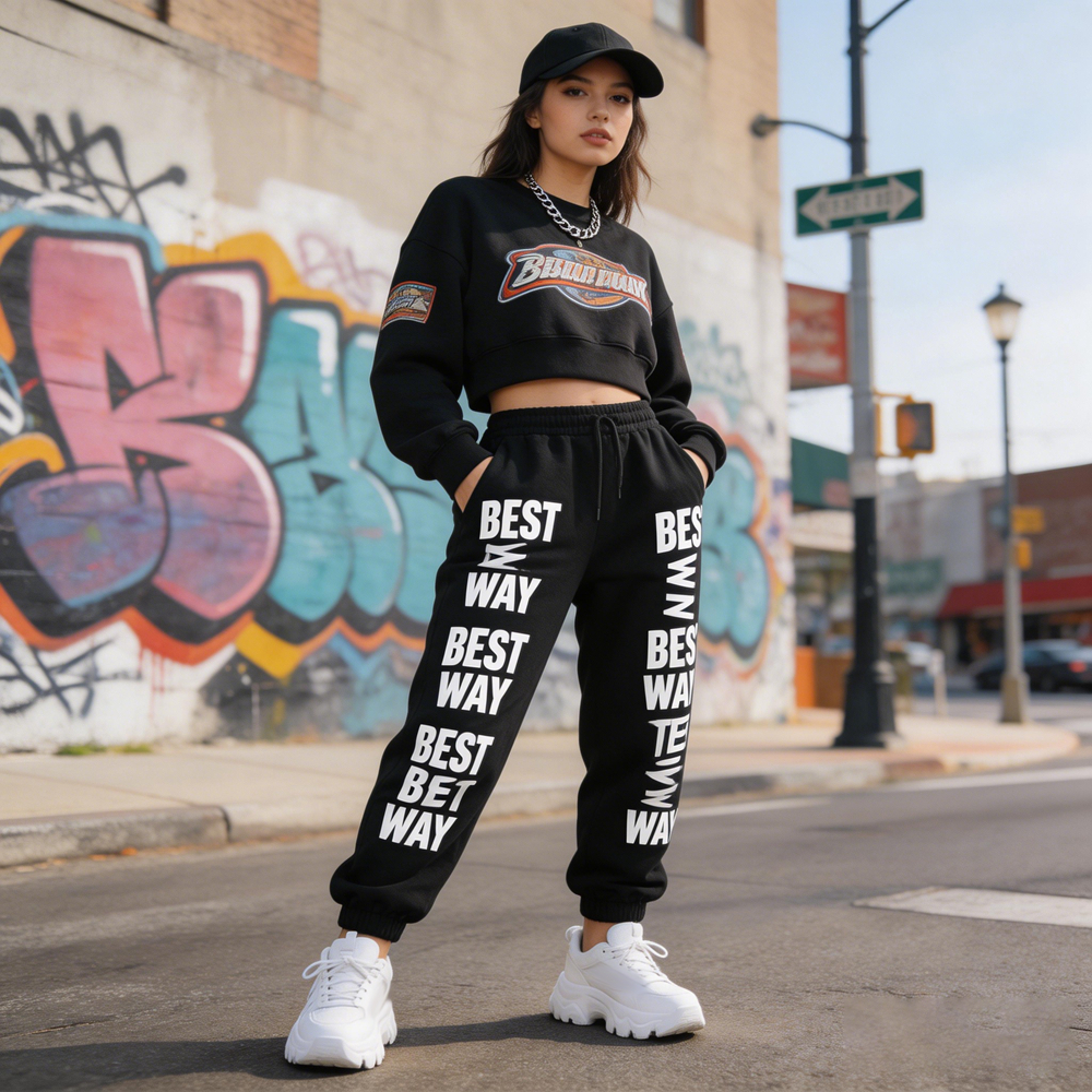 Activewear Ladies Streetwear Custom Screen Printing Side Stripe Straight Fit Loose Leg Sweat Pants with Drawstring