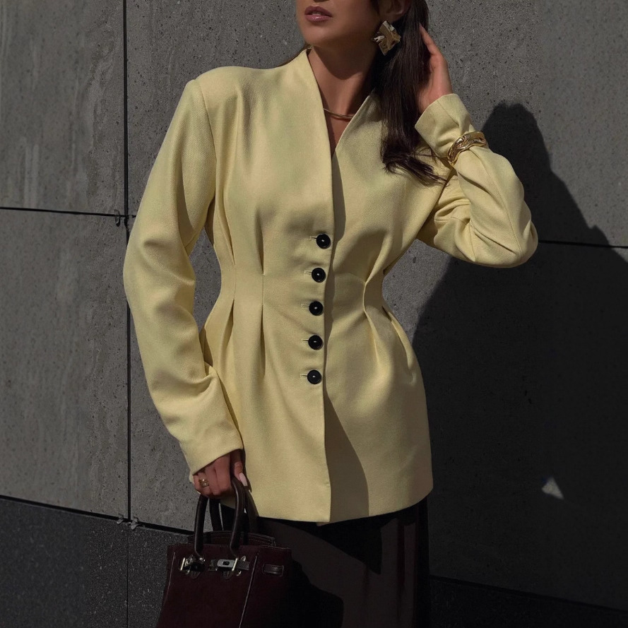 Enyami Retro Women's Autumn Winter New Single-Breasted Chic Outwear Waist Long-Sleeved Jacket V-Neck Blazer