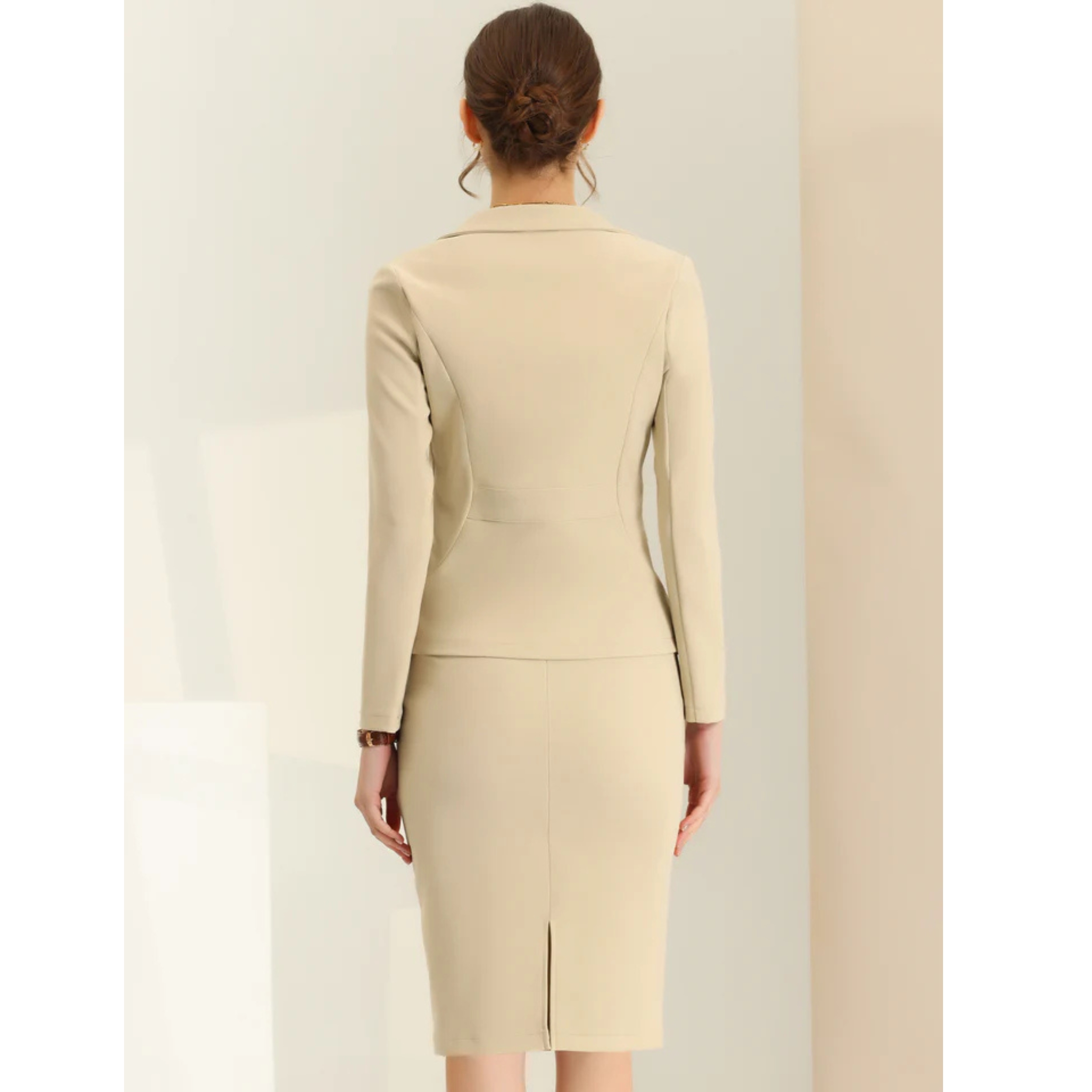 Women's Casual Business Suit Set 2-Piece Long Sleeve Blazer Skinny Fit Pencil Skirt Notched Lapel Solid Pattern for Office