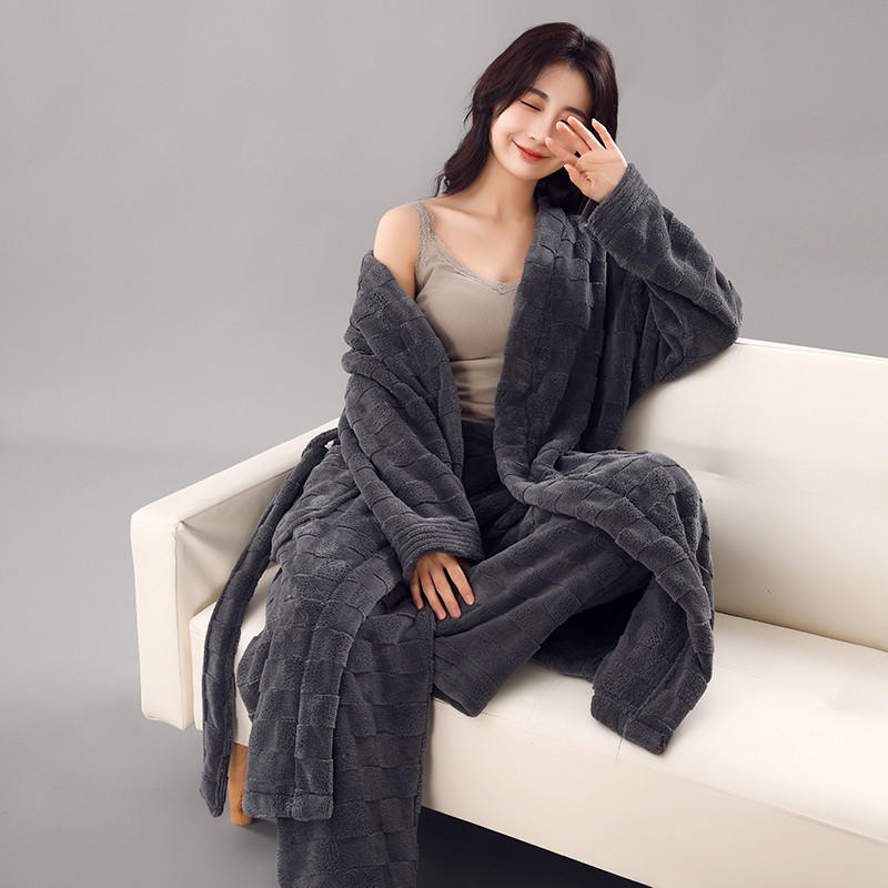 Fleece Pajamas Plus Size Coral Print Robe Breathable Long Bathrobe for Women for Morning Autumn Winter