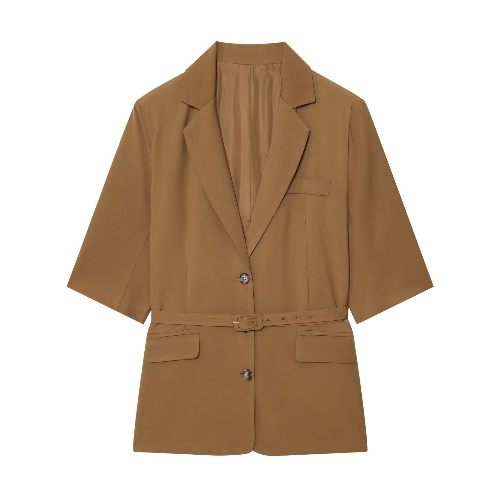 A New Autumn Women's Collection Featuring a Short-sleeved blazer with a Belt and Wide Shorts in Solid Colors for a Stylish Look