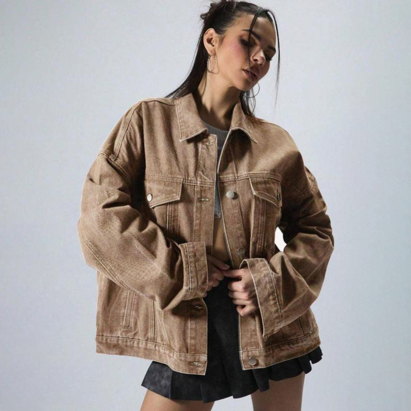 Women's Plain Button Front Drop Shoulder Denim Coat Casual Long Sleeve Collared Pocket Outerwear for Daily Wear Ladies Clothes