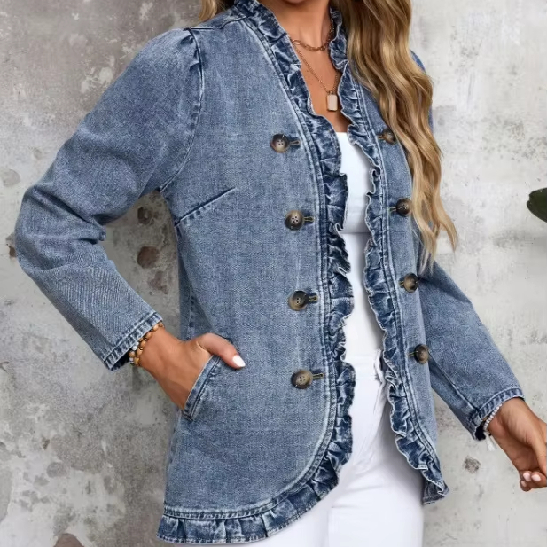 Wholesale Custom Spring Summer Work Office Women's Gothic Leopard Print Eco-Friendly Denim Cardigan Jacket Open Front Diamonds