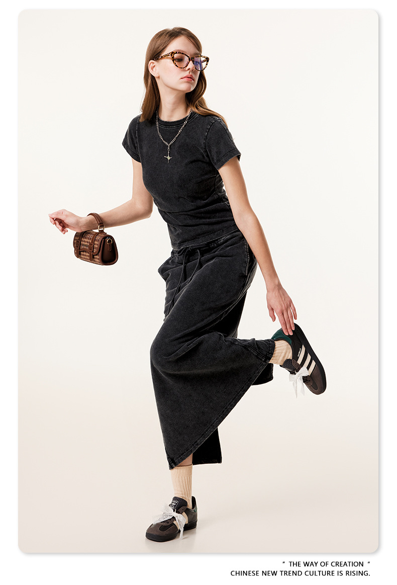 Custom logo Acid Cotton Elegant High-End Women's Summer Straight Skirt Set Heavy Industry Webbing Loose Tshirt