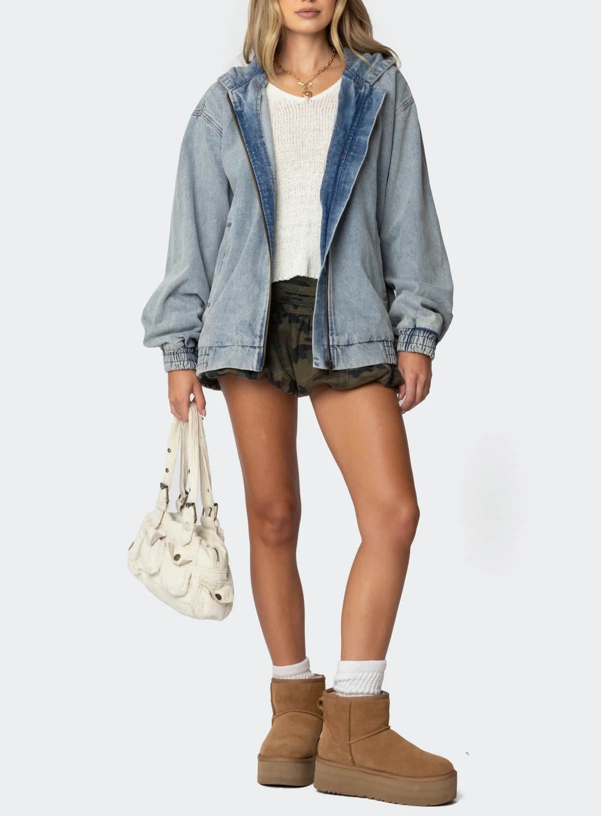 Women's Casual Streetwear Hooded Denim Bomber Jacket with Zip-Up Elastic Cuffs Light Blue Slouchy Fit Autumn Stonewashed