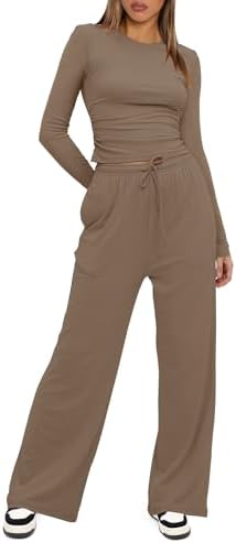 Women's Loose Fit 2-Piece Casual for Lounge Set Solid Pattern Wide Leg Knitting Tracksuit Top with Long Sleeve for Fall Season