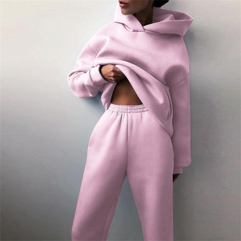 Women's Hooded Sweatshirt Fleece Long Sleeve Casual Sportswear Loose Fit Two Piece Outfit Solid Color All Seasons Women's Set