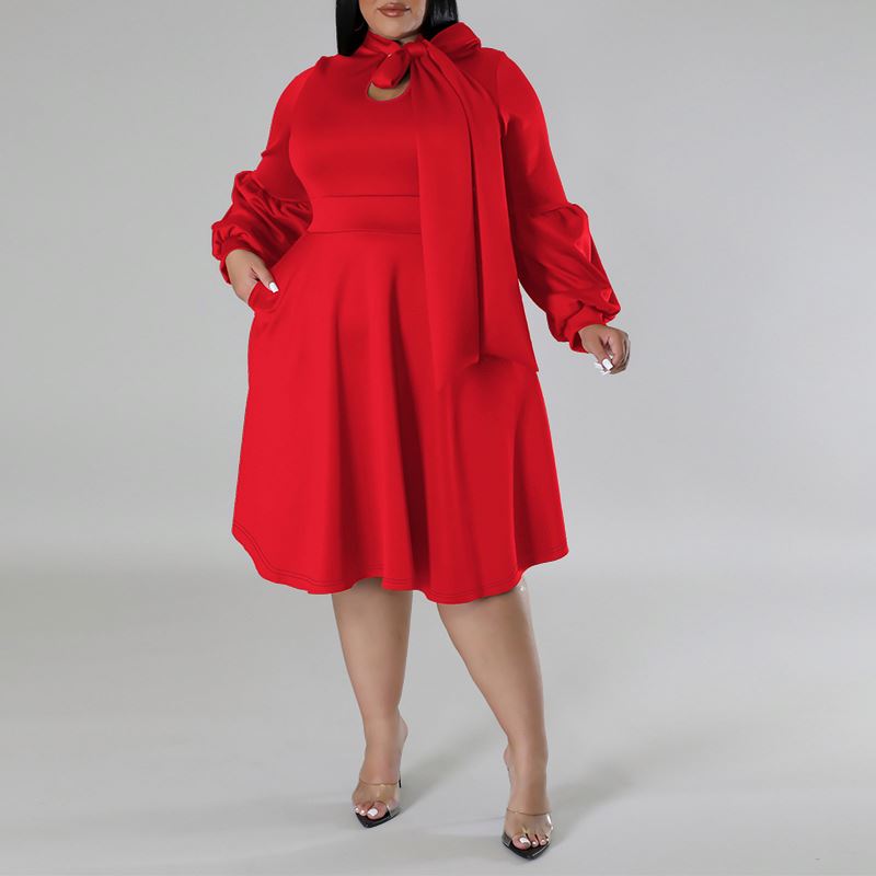 Fall Popular Products 2024 Plus Size Women's Clothing Collared Long Sleeve Puff Sleeve Mid Length Dress