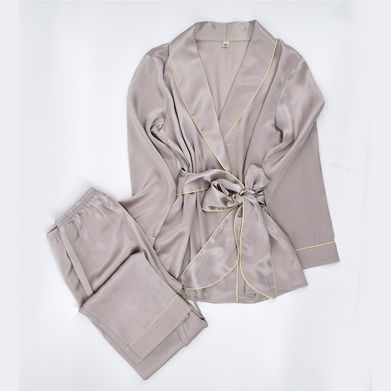Women Pajama Set Long Sleeve Sleepwear Womens Belt Nightwear Soft Silk Pj Lounge Sets