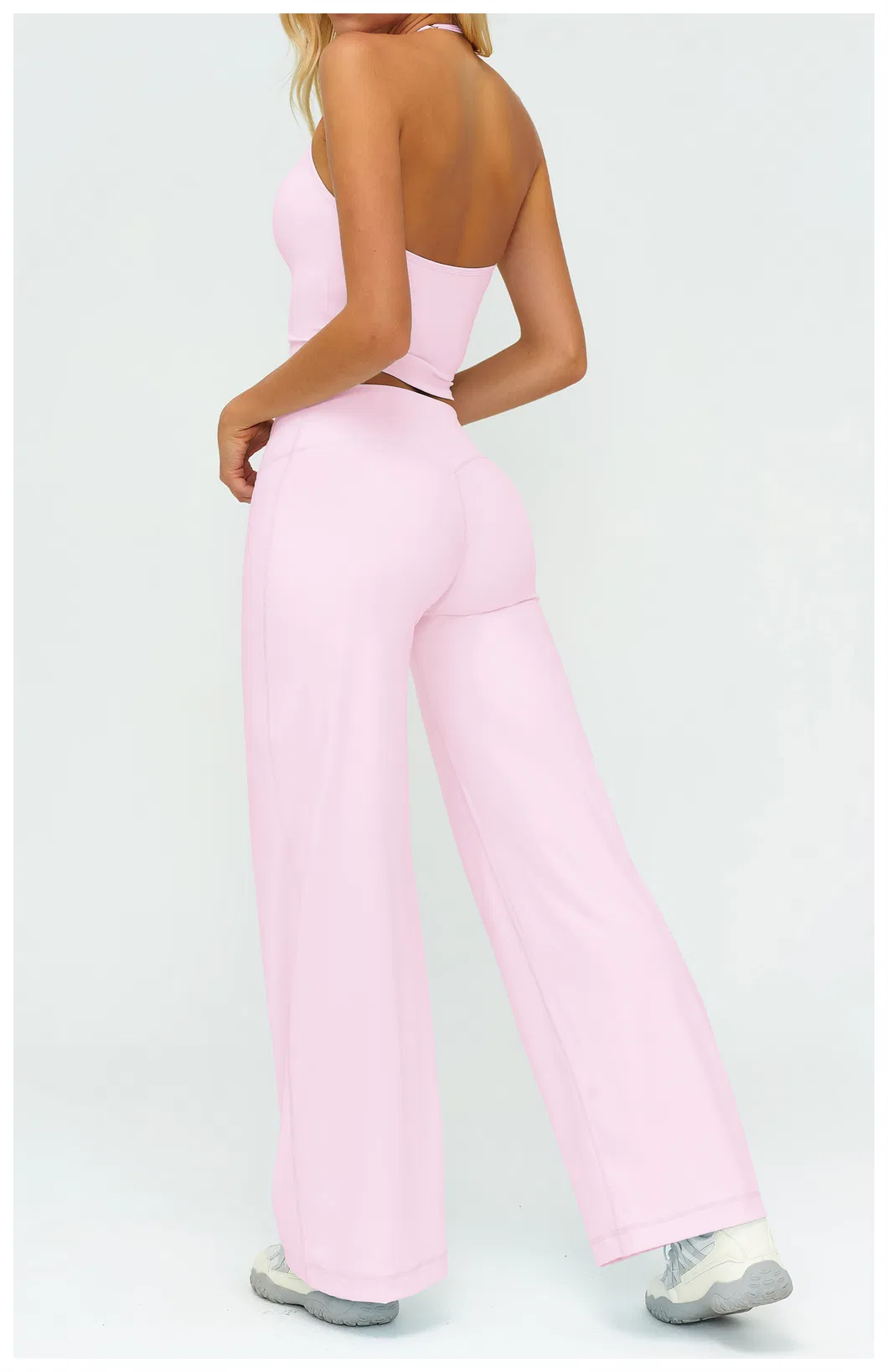 Elegant Resort Wear Yoga Set Halter Neck Top & Flowing Wide Leg Palazzo Pants, Naked Feel for Beach & Vacation